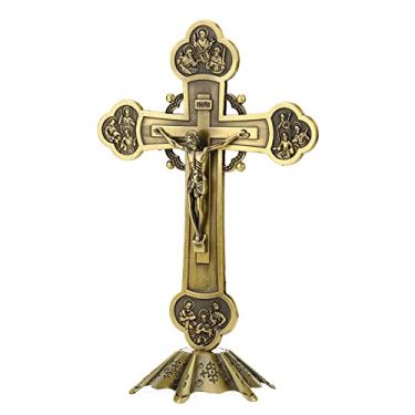 Imagem de Diydeg Crucifixo Em pé, 7.9in Jesus Cruz Com Base para Casa Mesa Decor, Crucifixo de Ouro Em pé Cruz Católica Casamento Altar Religiosos Presentes Wall Art Ornamento para Mesa (Bronze)