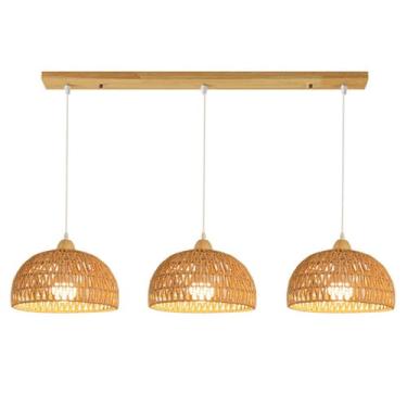 Imagem de Lustre Boho Coastal Rattan Hemp Rope 3 Luminárias Pendentes Ilha de Cozinha Moderna Luminária Dome Gaiola Cesta de Tecido Luminária Pendurada no Teto para Sala de Jantar Ilha de Cozinha Faze