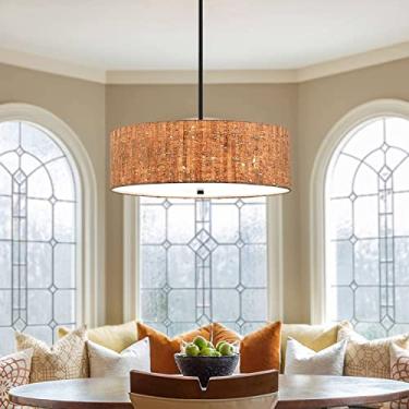 Imagem de Lustre moderno LED, lustres pendentes de tambor de 4 luzes, luminárias pendentes de cortiça de 22" para ilha de cozinha, lustres de altura ajustável de 45,2" compatíveis com sala de jantar,