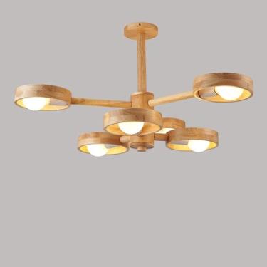 Imagem de Lustre moderno de 6 luzes de meados do século, círculos de madeira, anel ajustável, luminária de teto Sputnik, luminária de teto rústica para cozinha, ilha, quarto, sala de jantar, sala de e