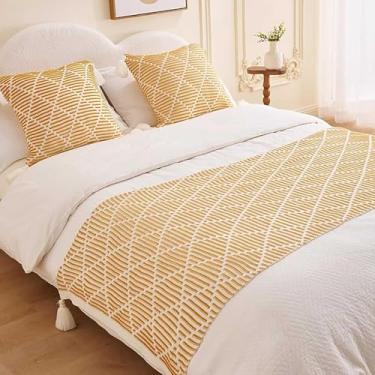 Imagem de Cachecol de corredor de cama de hotel, cobertor decorativo, listrado, texturizado, cor sólida, macio, roupa de cama moderna decorativa-amarelo||70 x 230 cm para cama de 1,8 m