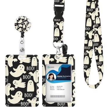 Imagem de Porta-crachá de identificação com cordão retrátil e chaveiro, carretel de crachá com clipe de mosquetão giratório, etiqueta de nome de cartão de Halloween fantasma, cordão protetor de identidade