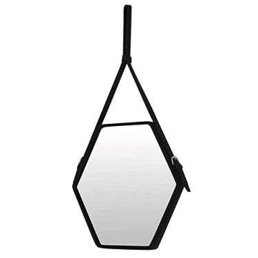 Imagem de Espelho de parede espelhos de banheiro espelho de parede espelho de maquiagem preto decorativo espelho hexagonal moldura de borda de couro falso (tamanho: 39 * 34 cm)