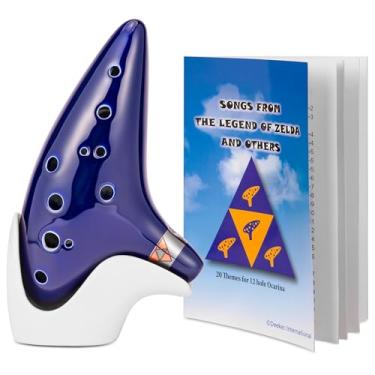 Imagem de Deekec Legend of Zelda Ocarina 12 furos alto C com livro de músicas (canções da lenda de Zelda) com bolsa protetora de suporte de exibição (azul (novo suporte))