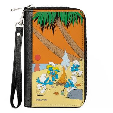 Imagem de Buckle-Down Carteira The Smurfs, zíper ao redor, cena do pôr do sol da fogueira de verão The Smurfs, couro vegano