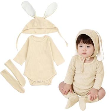 Imagem de Conjunto de macacão de coelho para meninos e meninas recém-nascidos com chapéu de coelho, 0 a 24 meses, Esbranquiçado - 3 peças (ajuste solto), 18-24 Months