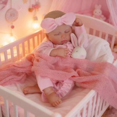 Imagem de Bebê Reborn Boneca Silicone Menina Dormindo Realista Rosa 48cm Pode Dar Banho