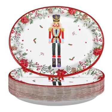 Imagem de 50 peças de pratos ovais de papel para quebra-nozes de Natal, 25,4 x 30,5 cm, quebra-nozes descartáveis de Natal, quebra-nozes, pratos de soldado e folhas de azevinho, pratos de sobremesa