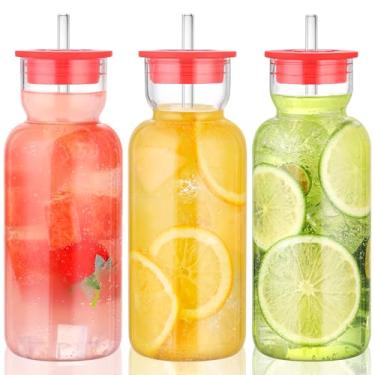 Imagem de CWHHRN Copo de vidro de 680 g com tampa e canudo, copo de vidro, vidro vintage para suco de cerveja e coquetel de uísque, jarra de vidro com tampa (pacote com 3)