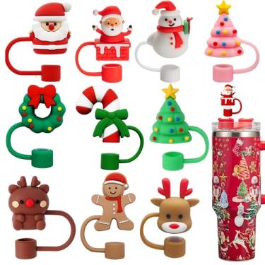 Imagem de 10 peças de tampa de palha de Natal para copo Stanley, topo de palha de silicone para Stanley Copo de 30 e 1,134 g com alça, capas de ponta de canudo de 10 mm para presentes de Natal