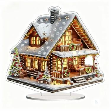 Imagem de Apomelo Diamond Art Enfeite de mesa de Natal para casa de neve, design de padrão frente e verso, kit de arte de diamante de cristal de formato especial para adultos, enfeite de Natal, suporte para