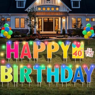 Imagem de Placa ComboJoy Happy Birthday Yard com estacas – Cor brilhante do arco-íris, tamanho grande de 38 cm – decorações perfeitas para uso ao ar livre feitas de papelão ondulado grosso à prova de intempéries