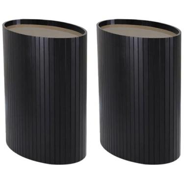 Imagem de Kit 2 Mesa Apoio Lateral Oval Tampo Vidro Glow Madeira Ebano Preto Nac