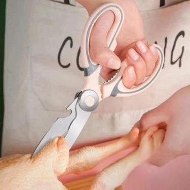 Imagem de Tesoura de cozinha, lâminas afiadas de aço inoxidável com aderência TPR, tesouras de cozinha de aço inoxidável resistente para cortar carne, alimentos, peixes, aves e sissores afiados multiuso