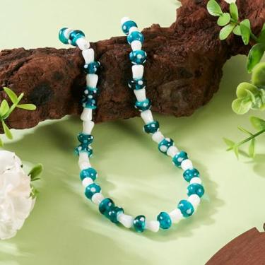 Imagem de Cerca de 25 peças/fio contas de cogumelo lampwork cogumelo turquesa escura espaçador de vidro feito à mão contas soltas para joias, artesanato, colar, pulseira, fabricação de brincos