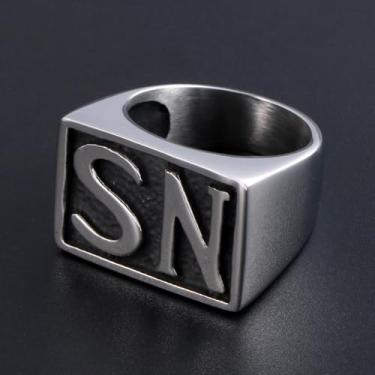 Imagem de Anéis de aço inoxidável para homens joias - Vintage prata letra Ns tribal tatuagem padrão tamanho 7/8/9/10/11/12 anel de dedo de banda, hip hop punk motociclista estilo retro anel gótico, presentes de