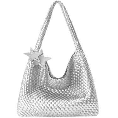 Imagem de OUYGZOU Sacola de tecido para mulheres, bolsas de ombro, Hobo de praia, bolsa tecida à mão nas axilas, bolsa de alça superior com bolsas, Prata brilhante, One Size