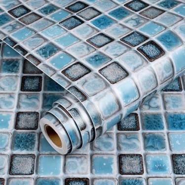 Imagem de YENHOME Papel de parede com aparência de mosaico de 43 cm x 600 cm, papel de parede vintage com padrão de mosaico azul para banheiro, chuveiro, descasque e cole bancadas, impermeável, costeira - papel