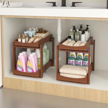 Imagem de Organizador e armazenamento sob a pia de bambu, pacote com 2, organização de armário removível, prateleira de armazenamento vertical de 2 níveis, prateleiras organizadoras multiuso para cozinha