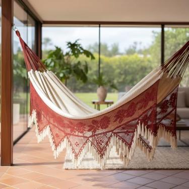 Imagem de Rede de Dormir Casal Artesanal, Algodão Natural, Bege Ostra com Macramê Terracota, 4,20m x 1,50m, Estilo Boho Chic, 250kg Capacidade