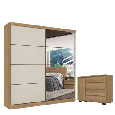 Imagem de Guarda Roupa Casal Málaga Full Glass 2 Portas Capuccino Off White Acetinado E Cômoda Com Porta Aurora Cappuccino - Thb