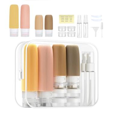 Imagem de Kit luxo para viagem 17 Peças organizador mala Frascos potes necessaire silicone creme dispenser shampoo, Aceito em nova Regra Aeroportos (Bege)