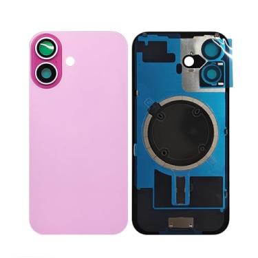 Imagem de 1 peça 2 em 1 tampa traseira de vidro de substituição para iPhone 16 capa de bateria painel de porta de vidro com furo grande peça de substituição com peças pequenas placa de metal magnética (rosa)
