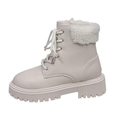 Imagem de Botas femininas de cano curto com cadarço e zíper lateral para uso casual de inverno em lazer ao ar livre, Branco, 34