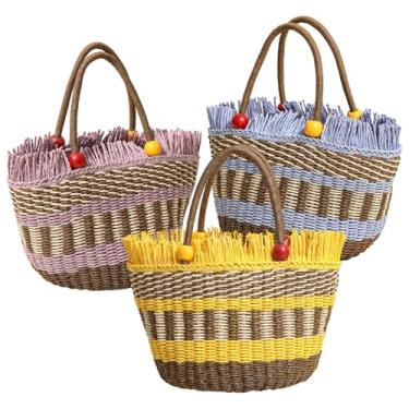 Imagem de Bolsa de papel tecida à mão com alças vibrantes, ideal para praia, compras e uso diário e elegante