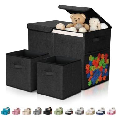 Imagem de Fiwochic Pacote com 3 caixas de armazenamento de brinquedos grandes de 58 cm com caixas de armazenamento de cubos de 28 cm, baú organizador de brinquedos dobrável com tampas para berçário, sala de