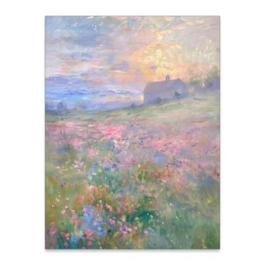 Imagem de rumlud Arte de parede floral do país francês vintage colorido campo de flores paisagem pôster natureza pastel cottagecore pinturas a óleo impressões em tela para decoração de parede de galeria 30,5 x