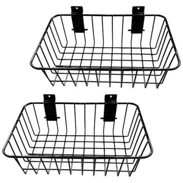 Imagem de 2 peças de cestas de slatwall com ganchos, cestas de parede de aço carbono preto, organizadores grandes de armazenamento ventilado para painéis de slatwall, 13,4 × 7,5 × 4,3