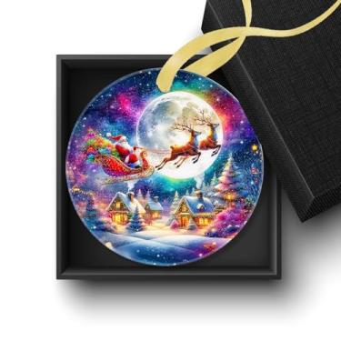 Imagem de Welshower Enfeites de trenó de rena de Papai Noel Noite de Lua, Enfeite de Natal para Árvore, Céu Estrelado Colorido, Casa de Fazenda, Inverno, Natal, Enfeites Decorativos para Pendurar