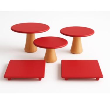 Imagem de Kit Boleira Festa E Bandeja, Kit Trio Boleira Cogumelo Suporte Doce E 2 Bandejas em Mdf para Festa de Aniversario(vermelho)