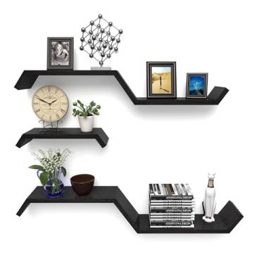 Imagem de lkjjcfwm Prateleiras flutuantes pretas para prateleira de parede para quarto, prateleiras de cozinha, prateleiras montadas na parede, para banheiro, quarto, sala de estar, cozinha, escritório (preto)