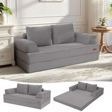 Imagem de COMAX Sofá-cama conversível, sofá dobrável de veludo cotelê dobrável futon colchão com travesseiros, sofá desossado confortável para sala de estar, quarto, cinza claro