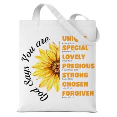 Imagem de QYCFDXD Sacola de lona cristã, presentes inspiradores para mulheres, girassol, Deus diz que você é reutilizável, bolsa de ombro para viagem, praia, academia
