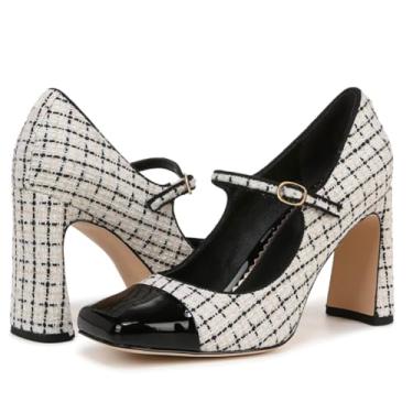 Imagem de SHODENSE Sandália feminina de salto alto grosso Mary Jane, bico quadrado, fechada, tira no tornozelo, sandália social de dois tons, salto bloco de 7,6 cm, fivela Mary Janes, bico fino, escritório