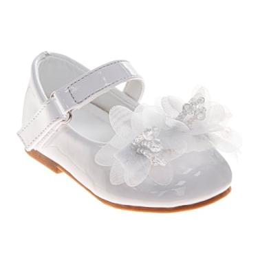 Imagem de Josmo Sandálias para bebês e meninas, sola macia, primeiro andador, laço e alça floral, Patente branca, 5 Toddler