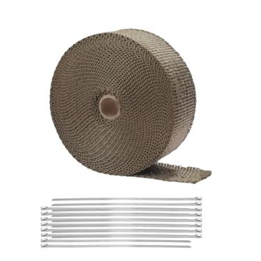Imagem de Tuxihapp Rolo de isolamento térmico de escapamento de carro de 1,97 pol. x 49 pés, rolo de isolamento de tubo de proteção térmica de fibra de lava com laços de aço inoxidável, fita de proteção térmica