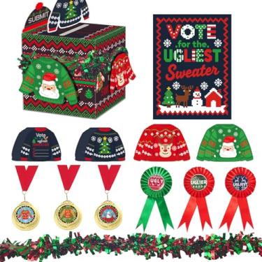 Imagem de 73 peças de suéter feio de Natal conjuntos de cartões de votação suprimentos com urna de concurso cartões de votação vermelho verde suéter cartões de medalha distintivos troféus jogos decorações para