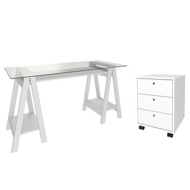 Imagem de Mesa Escrivaninha 150cm Cris Tampo Vidro E Gaveteiro 3 Gavetas Nil A06 Branco - Mpozenato