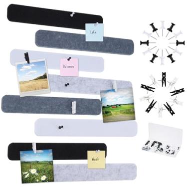 Imagem de Mooliwe 8 tiras de feltro para barras, quadro de avisos, 50 pinos e 10 grampos de madeira, quadros de cortiça autoadesivos para escritórios, fotos, notas de cola, horários (cinza)