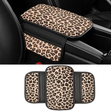 Imagem de Dotesy Capa de console central de carro padrão de vaca, almofada de apoio de braço de carro de couro de microfibra com 2 sacos de armazenamento, caixa de armazenamento universal para carro acessórios