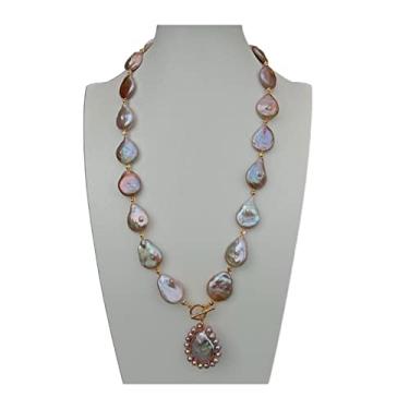 Imagem de URMIBDAI Colares Femininos Cultivados em Água Doce Roxo Keshi Moeda Colar de Pérolas 32 mm Pingente de Pérola 45,7 cm