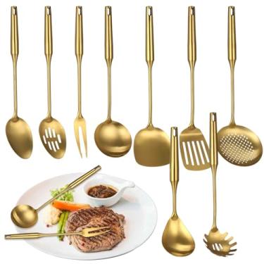 Imagem de Conjunto de 9 utensílios de cozinha dourados, utensílios de cozinha de aço inoxidável 304, todos os utensílios de metal para servir, inclui espátulas, colheres, concha, escumadeira, afinador
