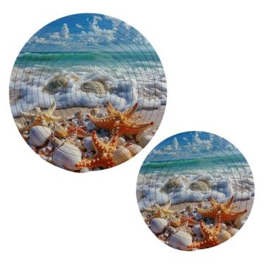 Imagem de Blueangle 2 peças de suporte de panela trivet estrela do mar e coral - conjunto de pegadores de panela de tecido redondo - almofadas quentes trançadas de algodão - porta-copos - tapetes de mesa para