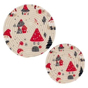 Imagem de Blueangle 2 peças de suporte de panela de gnomo de Natal fofo - conjunto de pegadores de panela de tecido redondo - almofadas quentes trançadas de algodão - porta-copos - tapetes de mesa para cozinhar