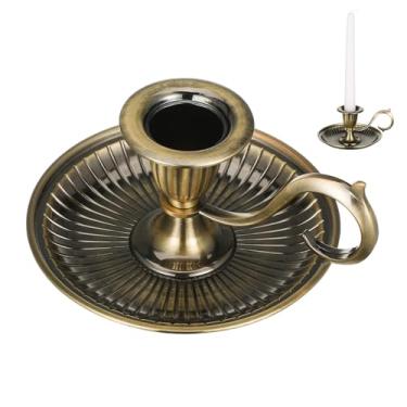 Imagem de Castiçal afunilado de metal bronze – Castiçal vintage à luz de velas com alça para decoração de mesa de festa de casamento em casa de fazenda de Natal