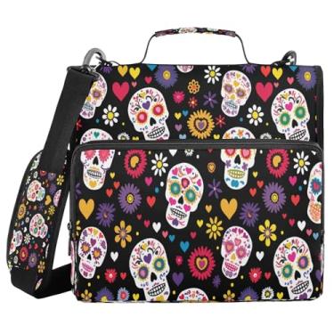 Imagem de ATTX Pasta com zíper de flor de caveira de açúcar com alça acolchoada ajustável - 3 anéis com capacidade para 500 folhas com organizador de vários bolsos, serve para laptop de 12 polegadas #50